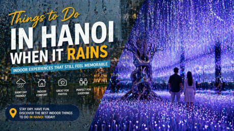 Rainy day Hanoi indoor activities illustration with neon lights.