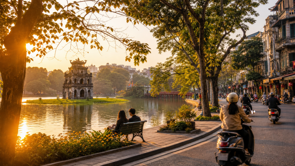 Hoan Kiem Lake and Old Quarter in Hanoi during golden hour