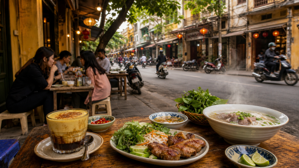 Hanoi food and egg coffee experience at a local street cafe