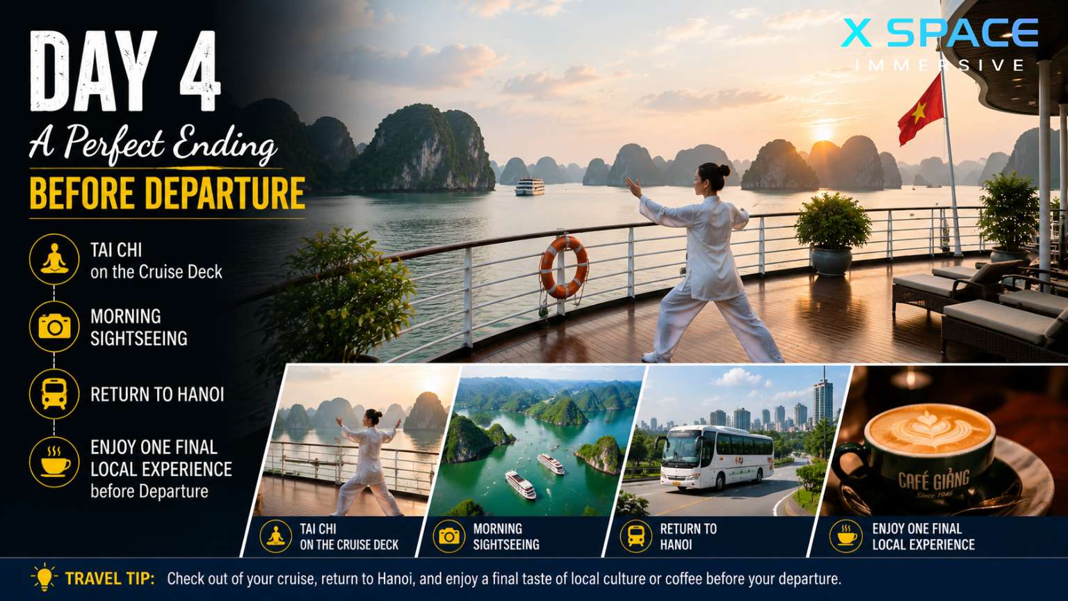 Day 4 sunrise in Halong Bay with Tai Chi on cruise before returning to Hanoi