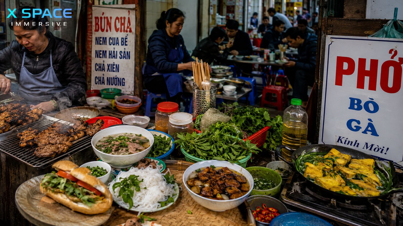 Authentic Hanoi street food including pho bun cha and banh mi