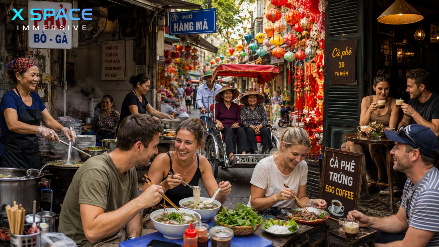 Tourists enjoying Hanoi street food and local culture