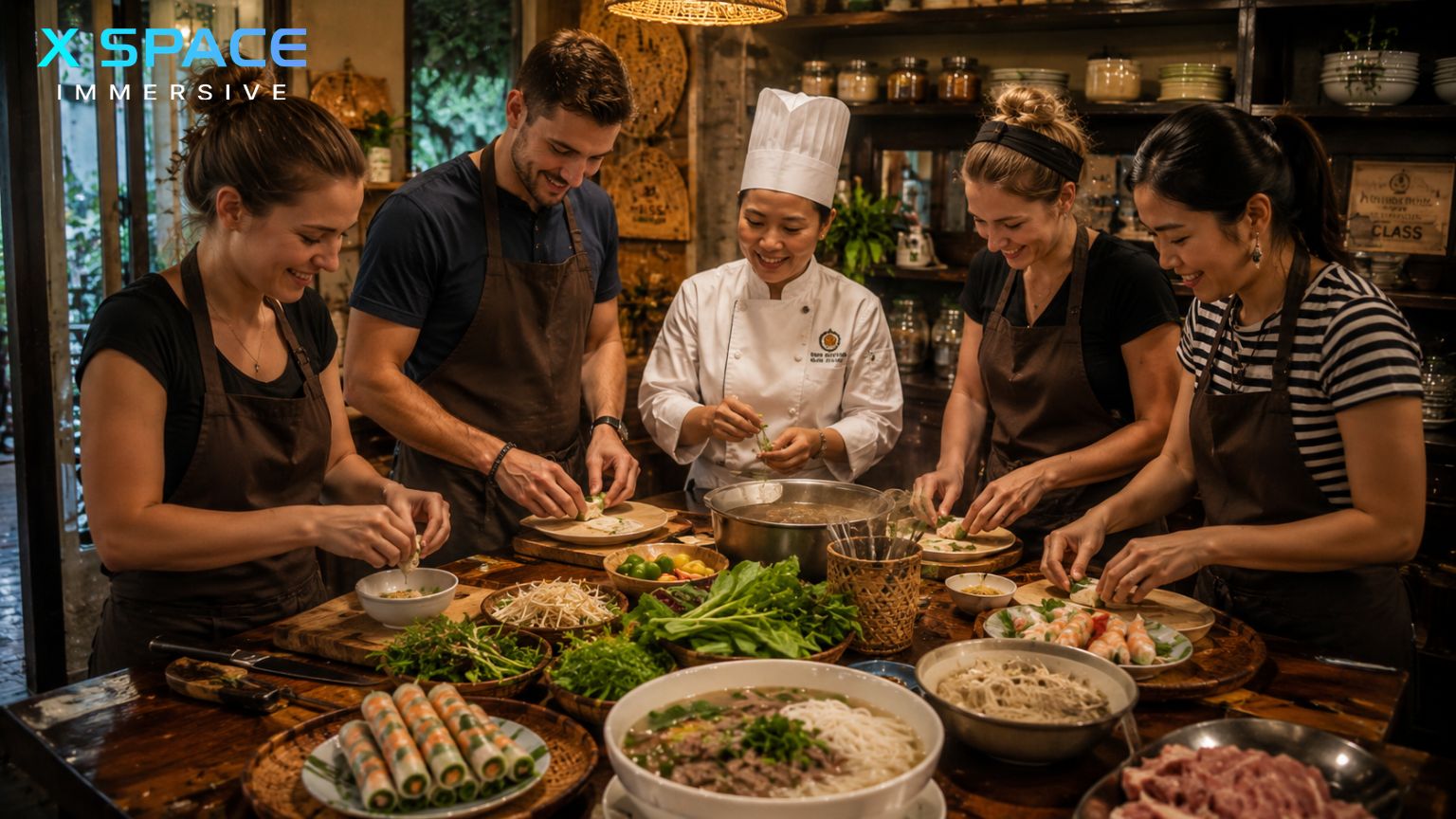 Tourists learning traditional Northern Vietnamese dishes in a cooking class, a popular Hanoi indoor activities experience.