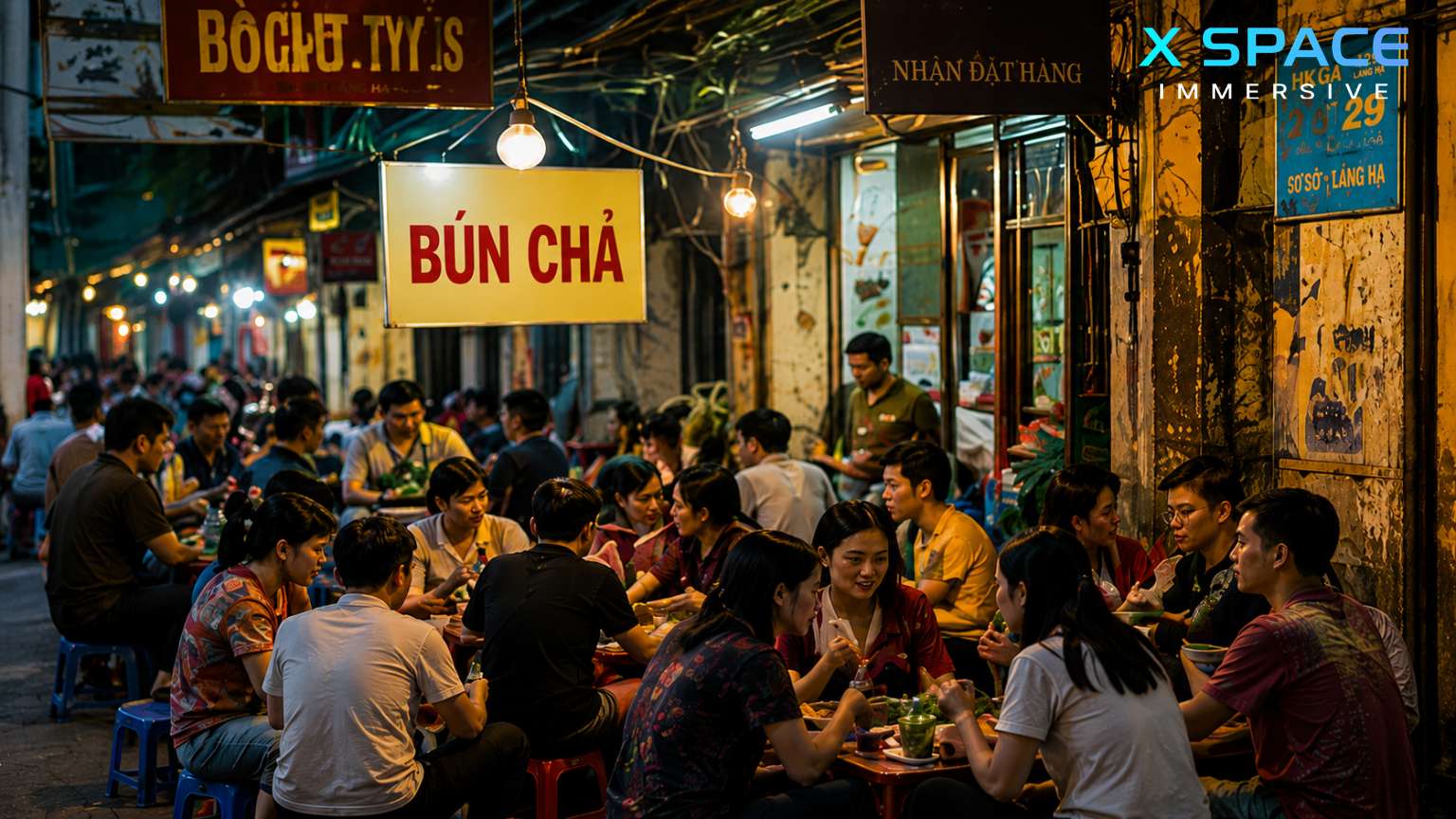 Busy Hanoi street food scene where locals enjoy authentic Vietnamese dishes together