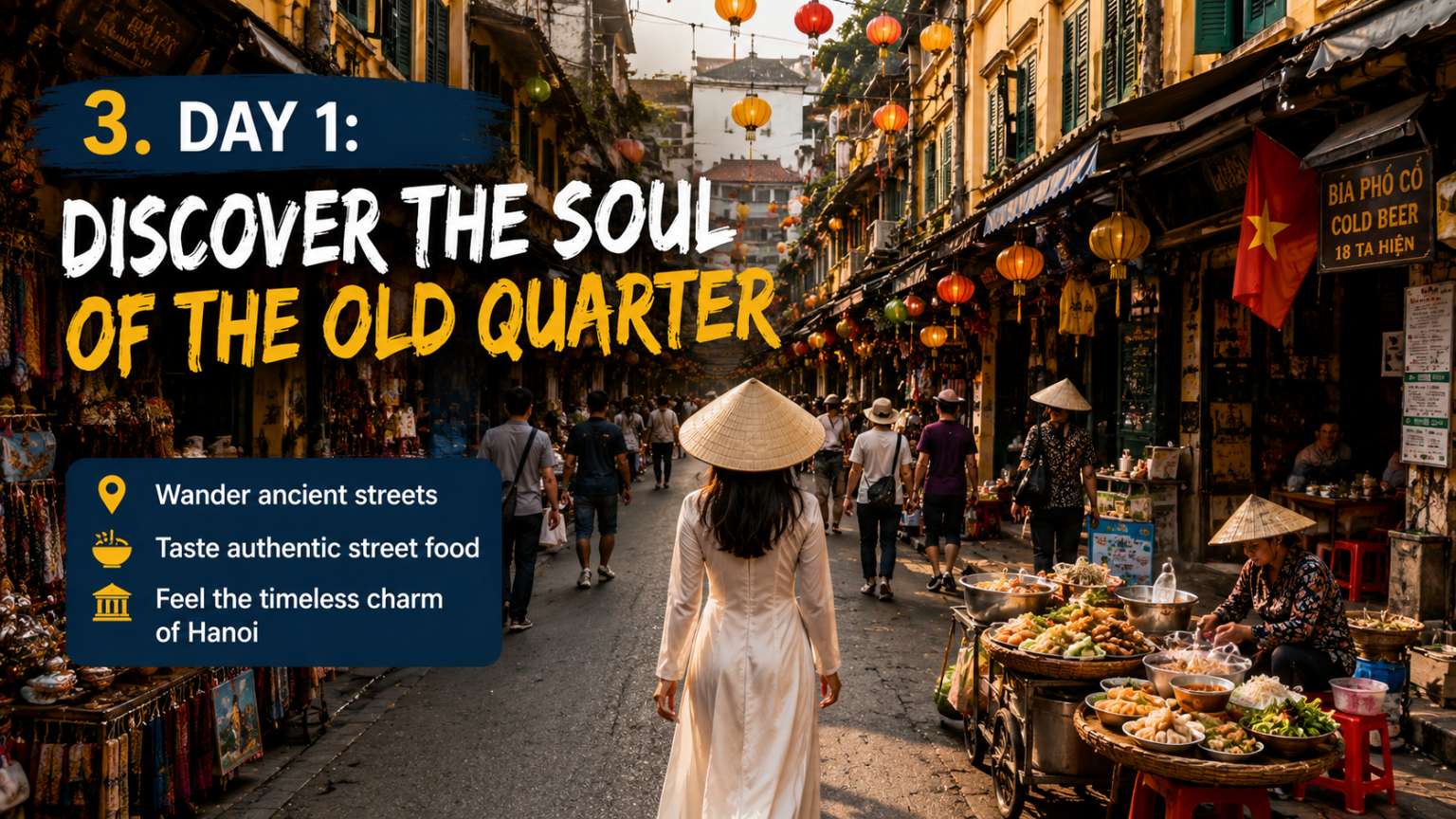 Busy street in Hanoi Old Quarter with lanterns and street food