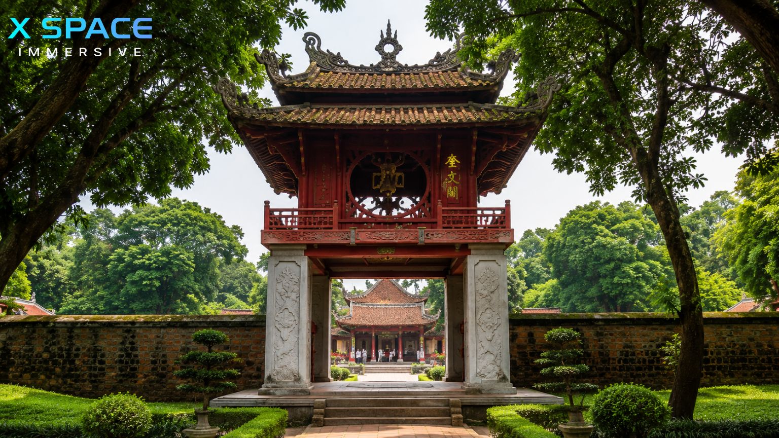 Temple of Literature in Hanoi with traditional architecture and green garden