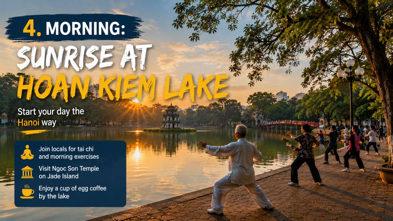 Locals doing tai chi at Hoan Kiem Lake sunrise in Hanoi