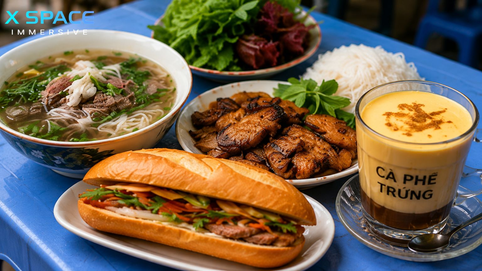Hanoi street food including pho, bun cha, banh mi and egg coffee