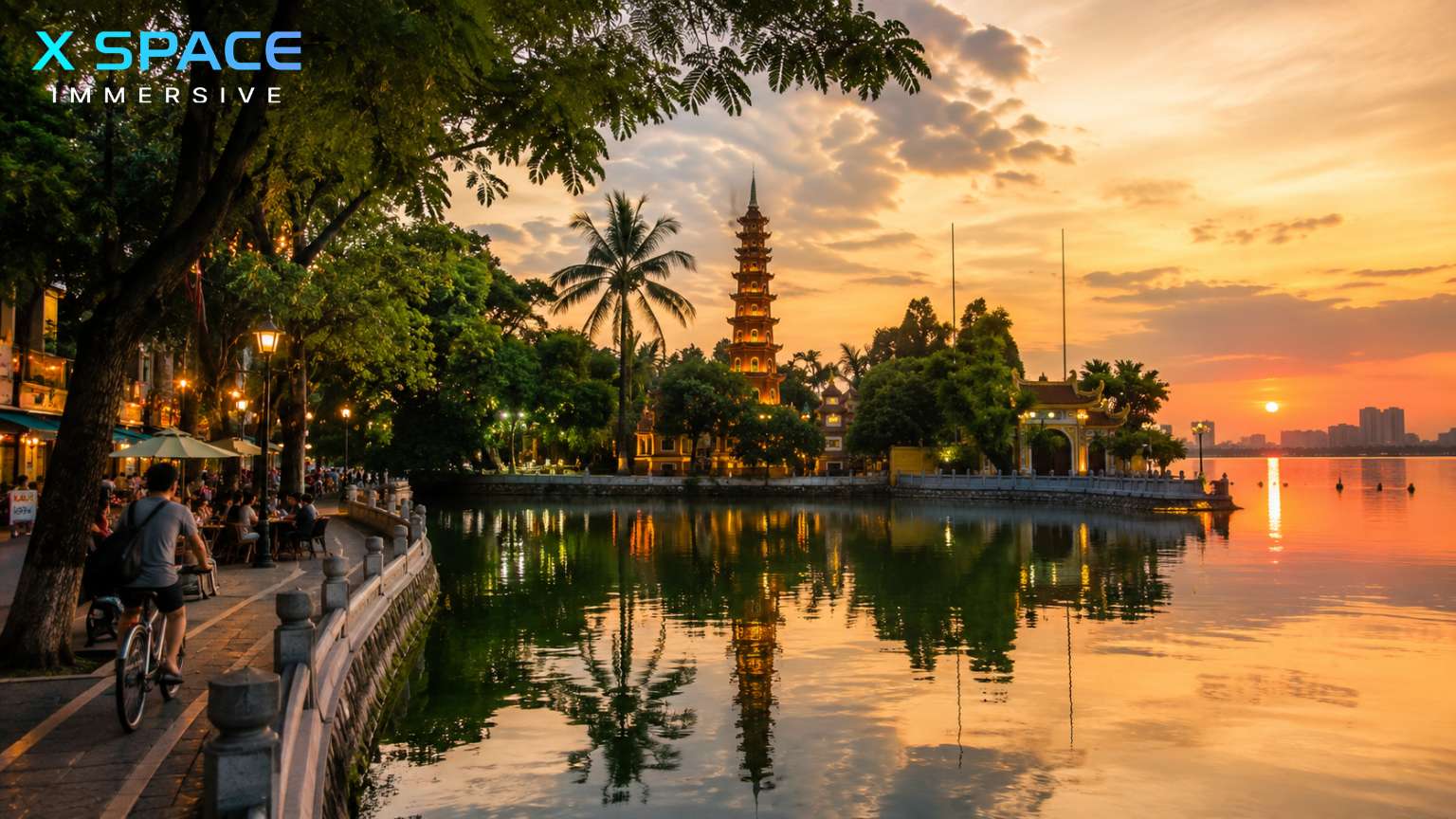 West Lake Hanoi with Tran Quoc Pagoda during sunset